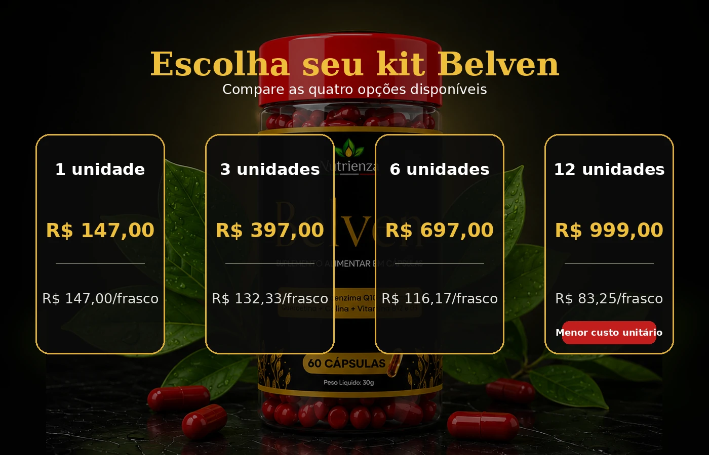 Belven preços dos kits com 1, 3, 6 e 12 unidades