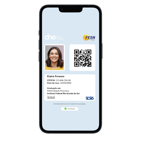 Mockup da Carteirinha Nacional do Estudante Digital com fotografia e QR Code