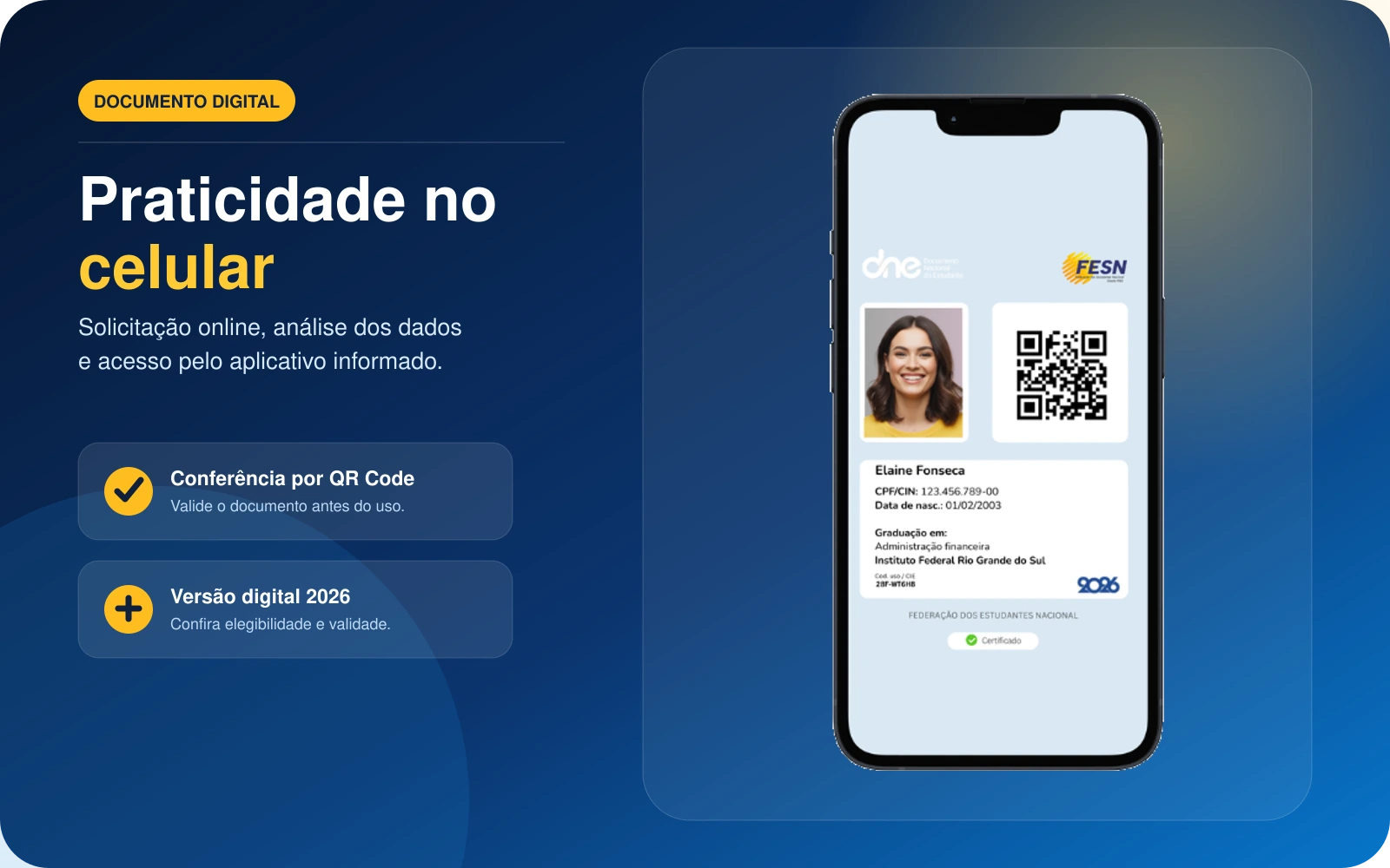 Carteirinha Nacional do Estudante Digital exibida no celular com QR Code