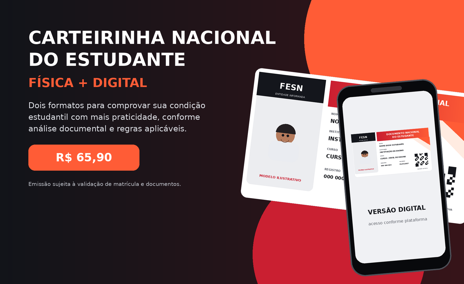 Carteirinha Nacional do Estudante Física e Digital em modelo ilustrativo