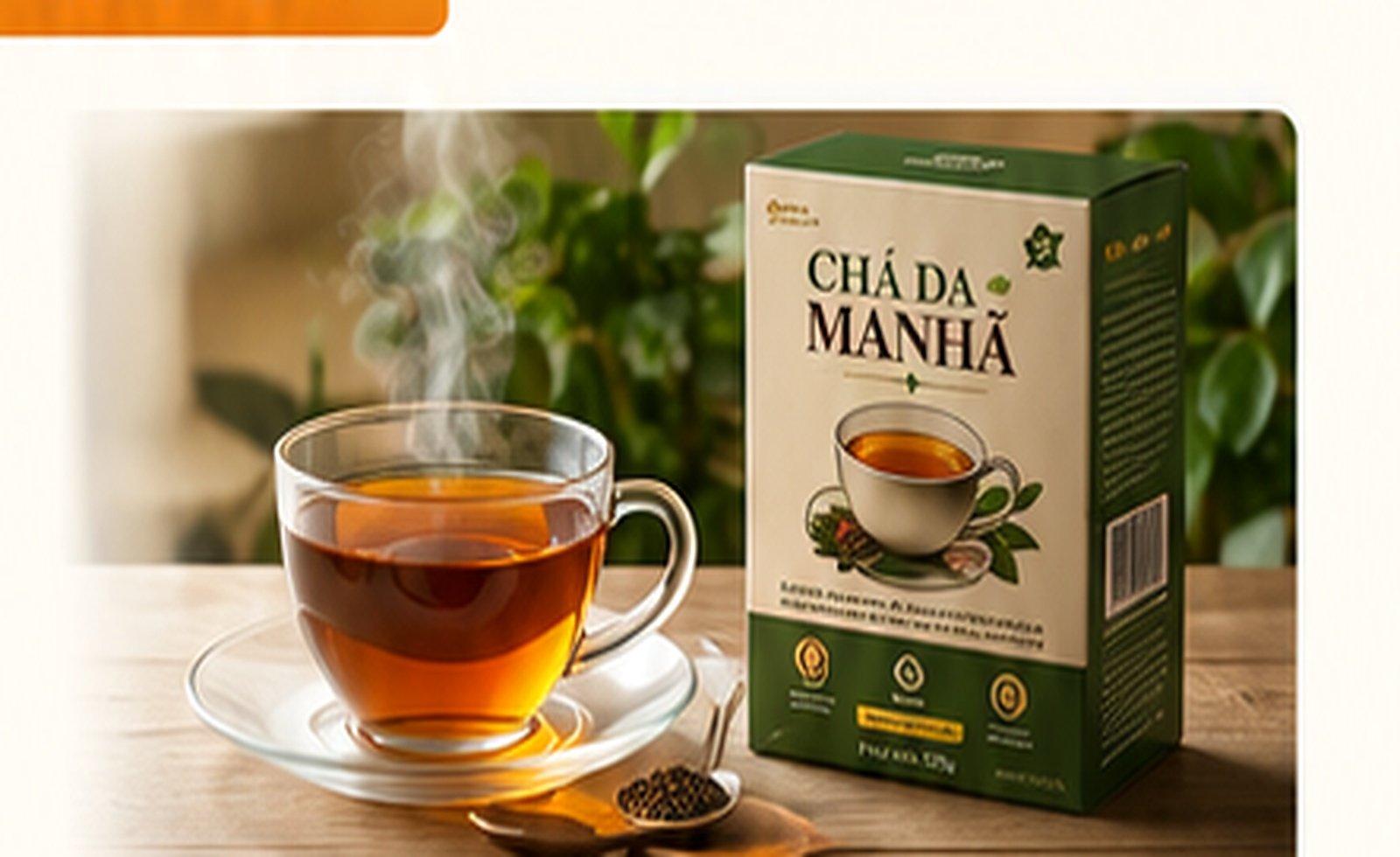Chá da Manhã apresentado ao lado de uma xícara em ambiente de café da manhã