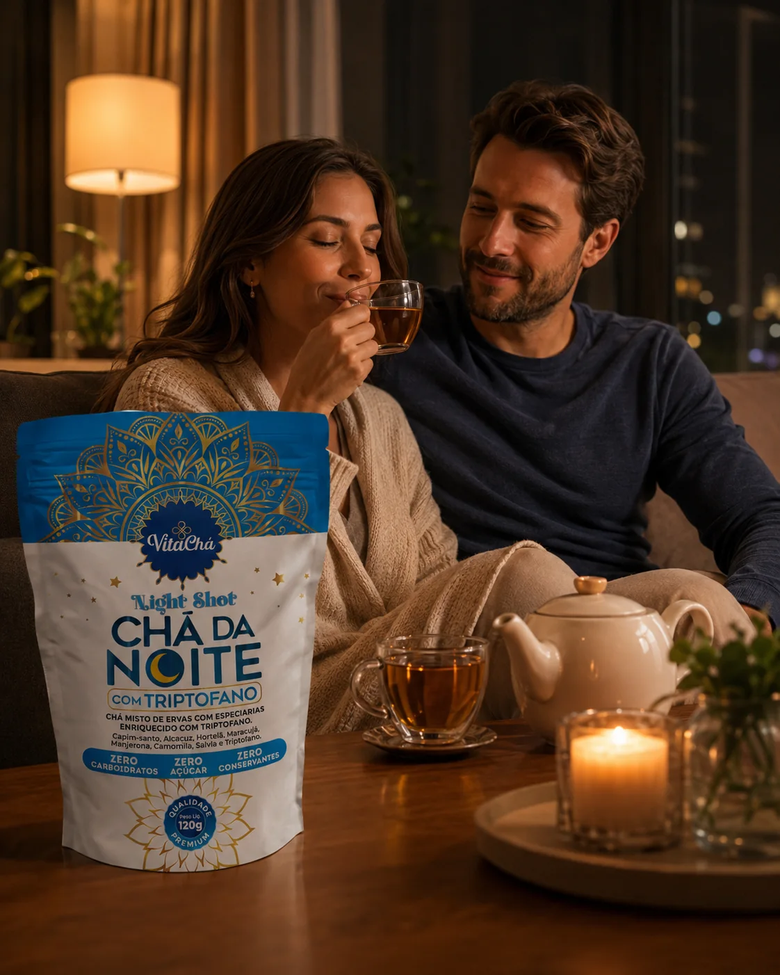 Casal compartilhando Chá da Noite em casa