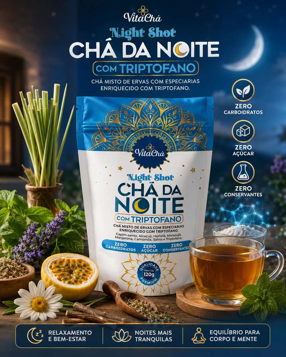 Chá da Noite com ingredientes, ervas e xícara de chá