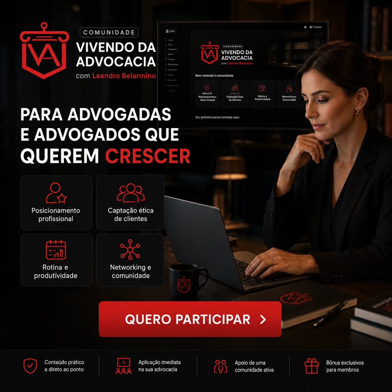 Advogada usando a Comunidade Vivendo da Advocacia no notebook