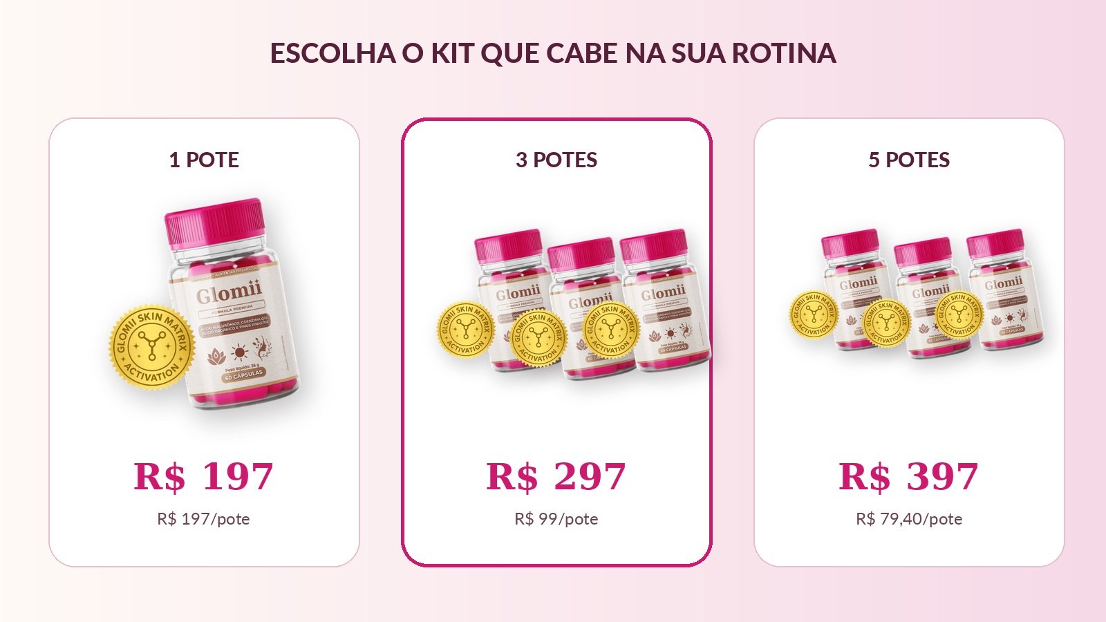 Comparativo dos kits Glomii com 1, 3 e 5 potes
