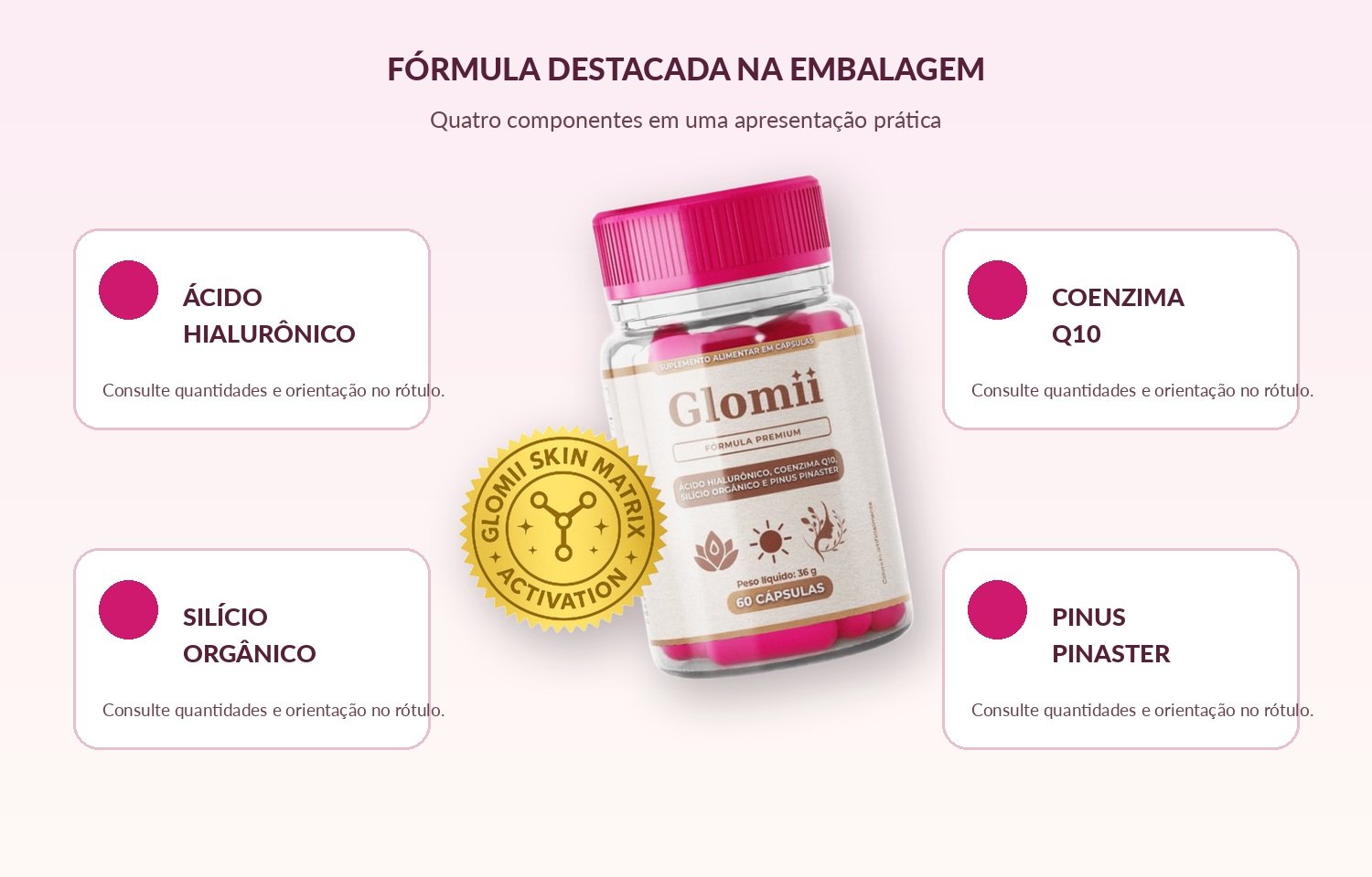 Glomii fórmula premium com ácido hialurônico, coenzima Q10, silício orgânico e Pinus pinaster