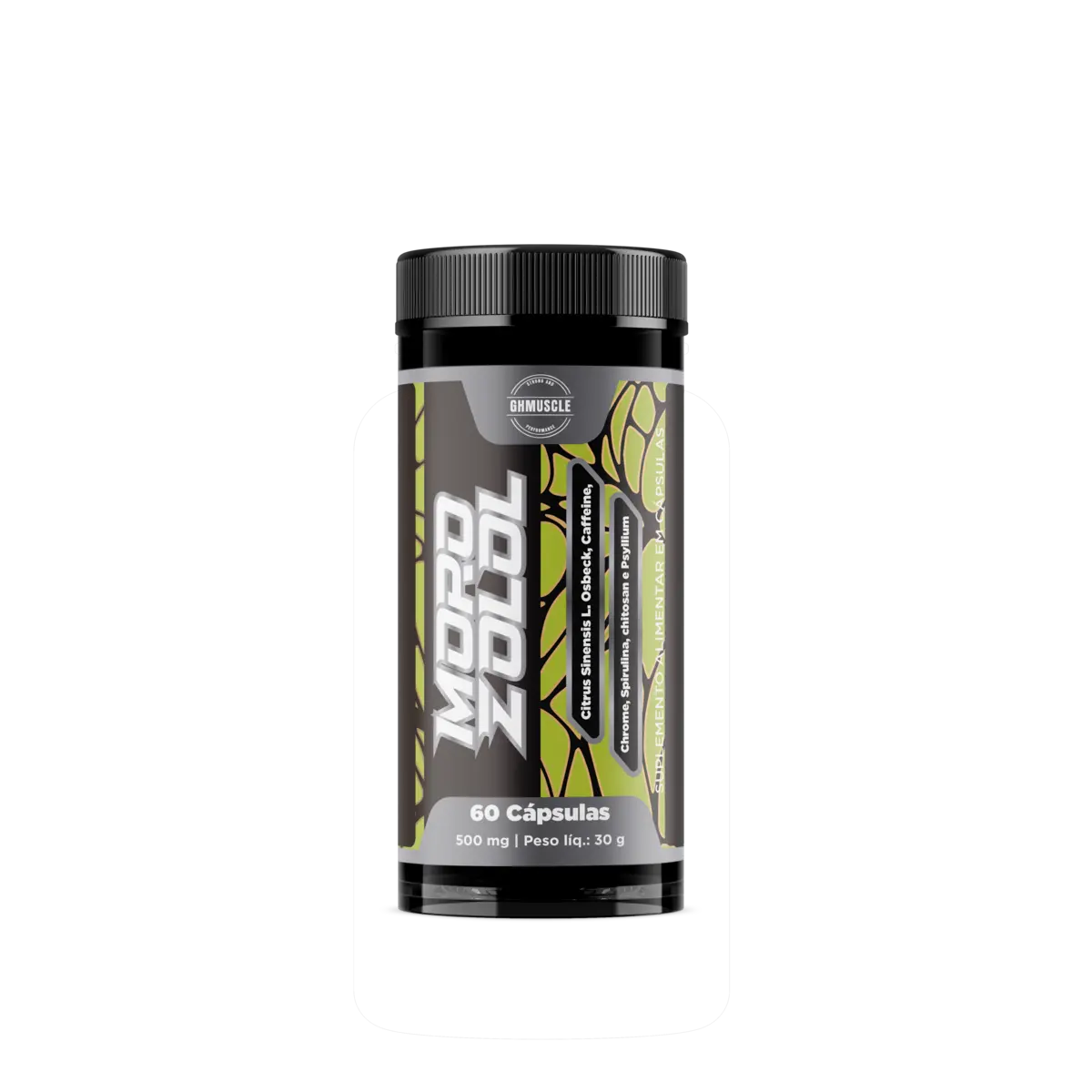 Embalagem preta do Morozolol com lista de ingredientes visível no rótulo