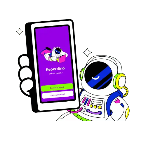 Repertório Enem aberto no celular ao lado do mascote da plataforma
