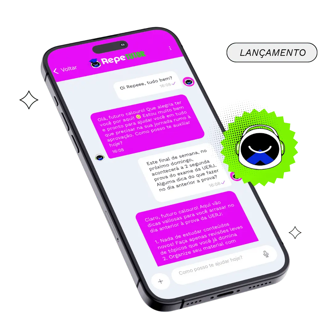 Repe Tutor do Repertório Enem respondendo dúvidas em um celular