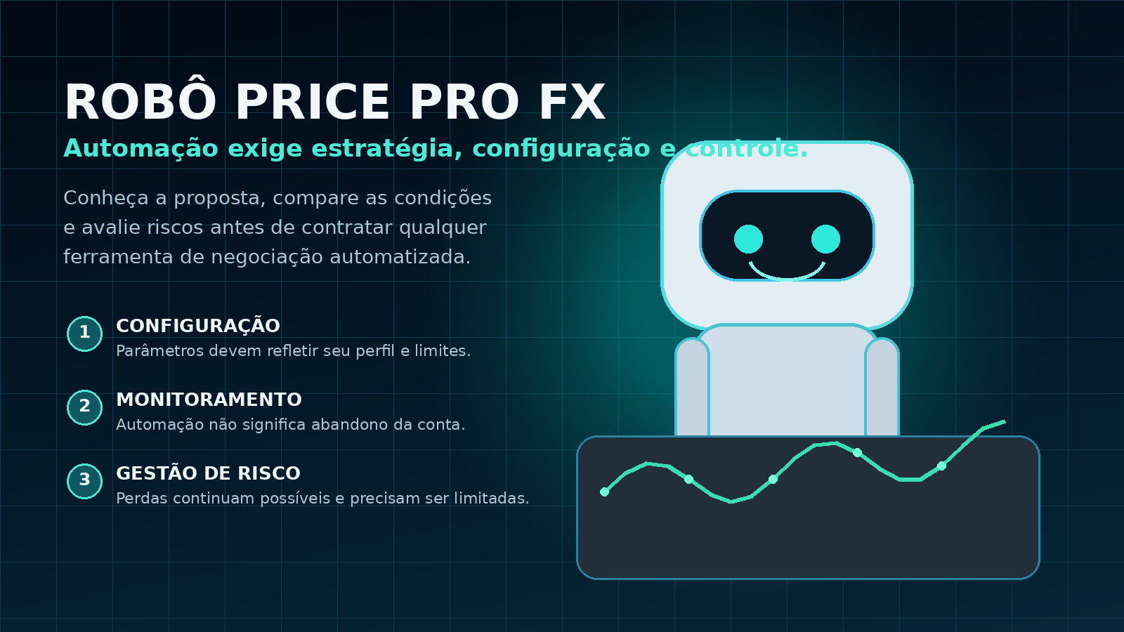 Robô Price Pro FX em ilustração de automação e gestão de risco